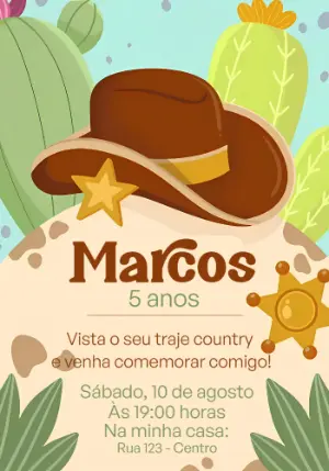 Convite Aniversário Country Vaqueiro para Editar Online