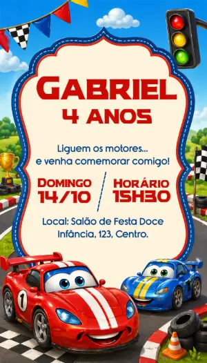 Convite de Aniversário Carros de Corrida Colorido para Editar