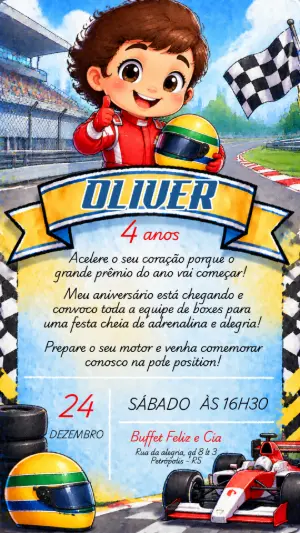 Convite Digital Aniversário Infantil Formula 1 para Editar