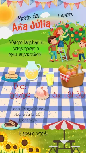 Convite de Aniversário Infantil Tema Piquenique para Editar