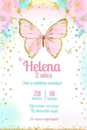 Invitación de Cumpleaños Mariposa Mágica con Brillo para Editar