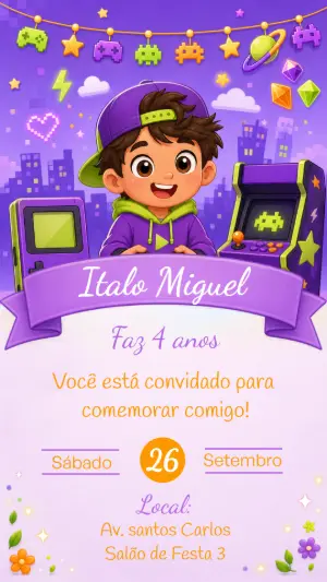 Convite de Aniversário Gamer Editável para Menino