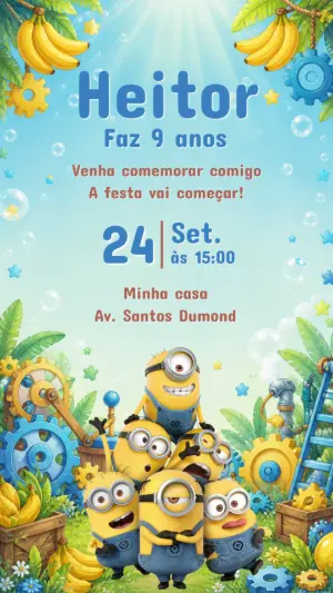 Convite de Aniversário Minions Editável para Menino