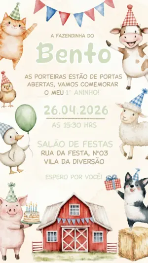 Convite de Aniversário Fazendinha Aquarela Editável
