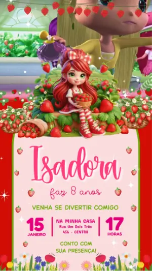Convite Animado Aniversário Moranguinho para Editar