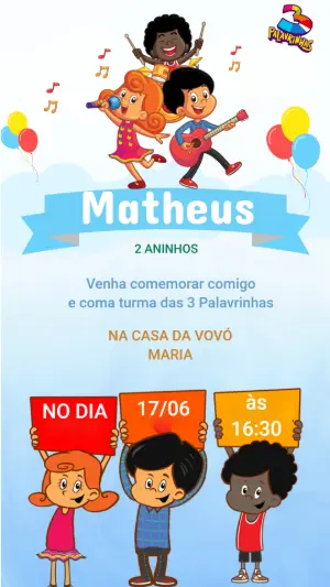 Convite de Aniversário 3 Palavrinhas Musical para Editar