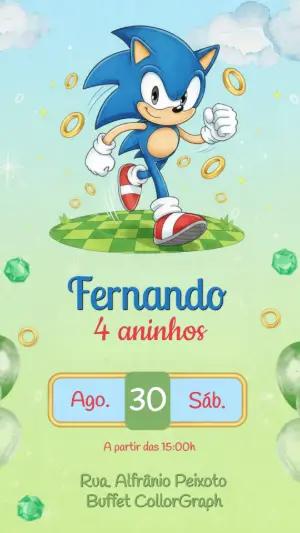 Convite Digital Aniversário Infantil Tema Sonic Editável