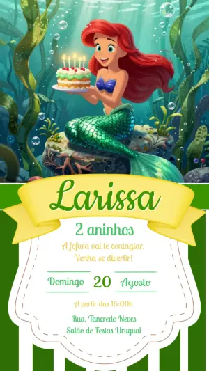 Convite Digital Sereia Ariel Aniversário Infantil Editável