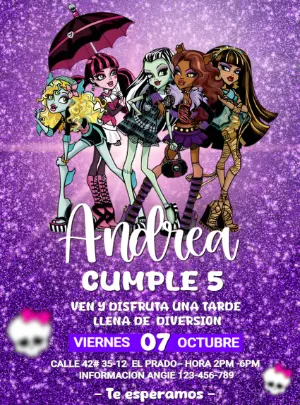 Invitación de Cumpleaños Monster High con Brillo Morado Editable