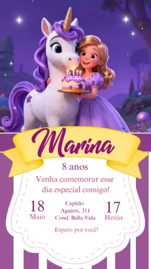 Convite de Aniversário Unicórnio Mágico Roxo para Editar