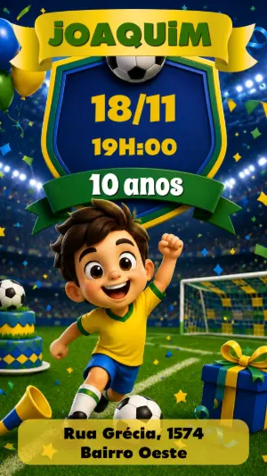 Convite de Aniversário Futebol Brasil Infantil Modelo Editável