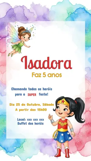 Convite Aniversário Mulher Maravilha Cute para Editar Online