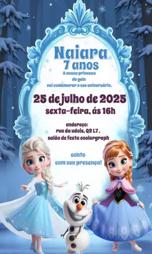 Convite de Aniversário Frozen com Elsa e Anna para Editar Online