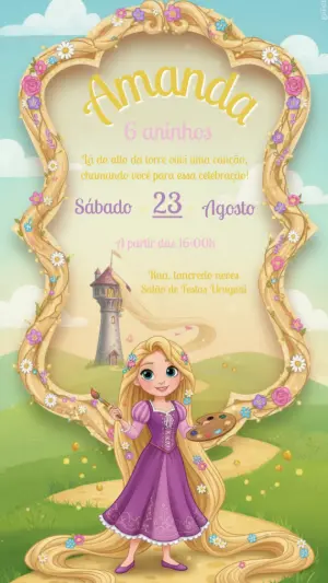 Convite Digital Aniversário Infantil Princesa Rapunzel Editável