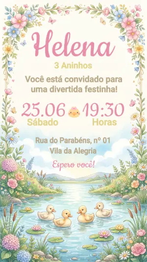 Convite de Aniversário Infantil Patinhos Aquarela para Editar