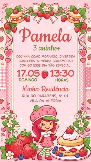Convite de Aniversário Moranguinho Rosa para Editar Online