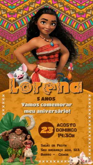 Convite de Aniversário Moana para Editar e Imprimir Online