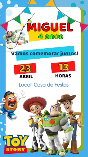 Convite de Aniversário Toy Story com Personagens para Editar