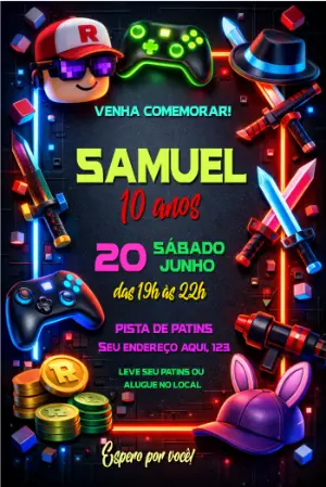 Convite de Aniversário Gamer Roblox Neon para Editar