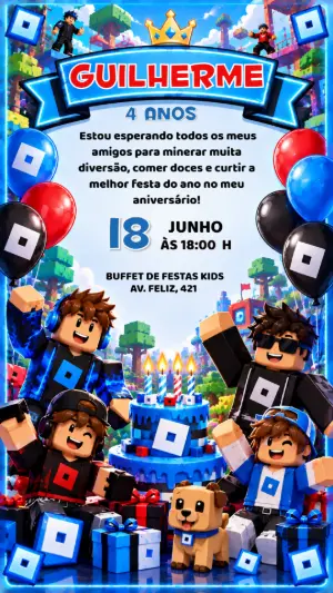 Convite de Aniversário Roblox Editável para Festa Gamer