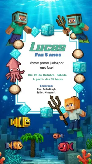 Convite de Aniversário Minecraft Aquático para Editar Online
