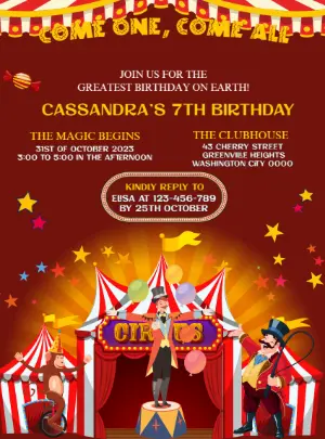 Circus Birthday Invitation with Characters to Edit Online