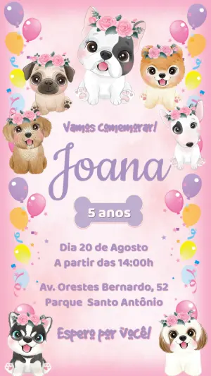 Convite de Aniversário Infantil Tema Cachorrinhos Fofos Editável