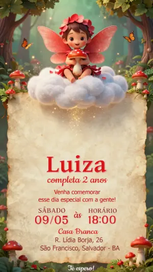 Convite de Aniversário Fada no Bosque Encantado Editável