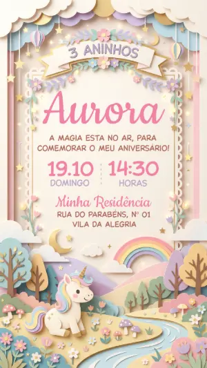 Convite Digital Aniversário Unicórnio Mágico para Editar