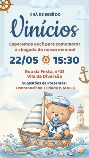 Convite Chá de Bebê Ursinho Marinheiro para Editar