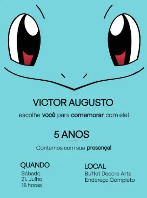 Convite Aniversário Squirtle Pokémon para Editar Online