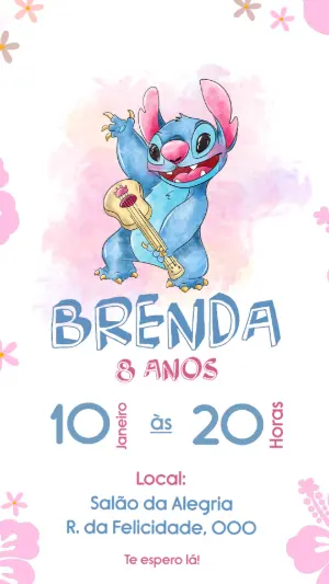 Convite de Aniversário Stitch Aquarela Fofo para Editar