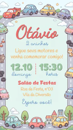 Convite de Aniversário Infantil Carrinhos Coloridos Editável