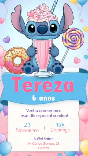 Convite Animado Aniversário Stitch Candy para Editar Online