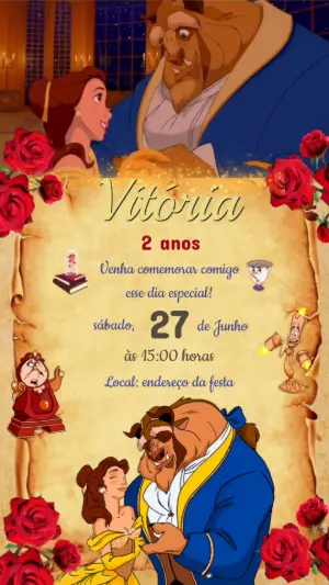 Convite Animado Aniversário A Bela e a Fera para Editar
