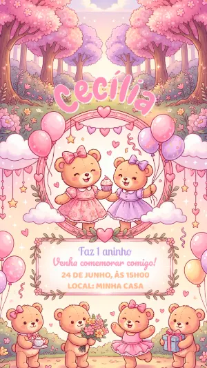 Convite de Aniversário Ursinha Rosa Fofo para Editar