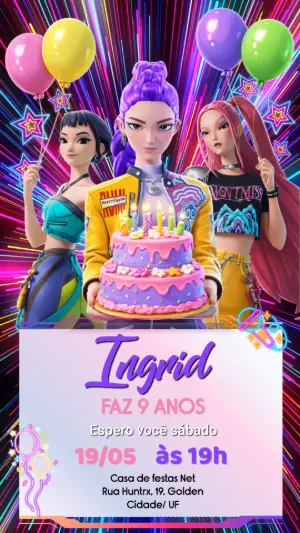 Invitation d'anniversaire KPop Demon Hunters – Statique – Gema Artes Digitais