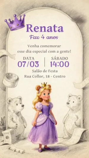 Convite Aniversário Princesa e Ursos Lilás para Editar