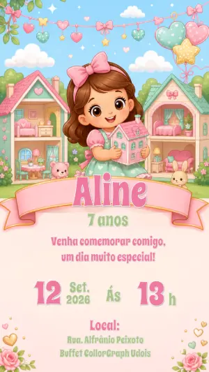 Convite Editável de Aniversário Tema Casa de Bonecas