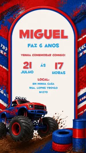 Convite de Aniversário Monster Truck Radical para Editar
