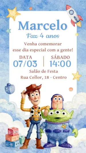 Convite Digital Infantil Toy Story com Woody e Amigos Editável