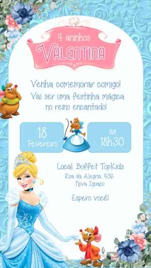 Convite Aniversário Cinderela Princesa Modelo Digital para Editar