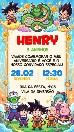Convite de Aniversário Dragon Ball Chibi para Editar