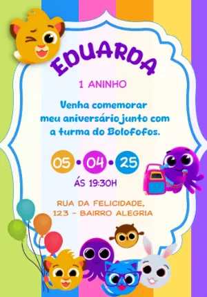 Convite de Aniversário Bolofofos para Editar Online