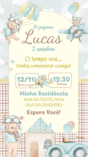 Convite Digital Ursinho Aviador para Aniversário Infantil Editável