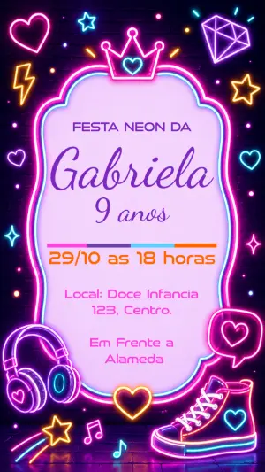 Convite de Aniversário Festa Neon Editável e Vibrante