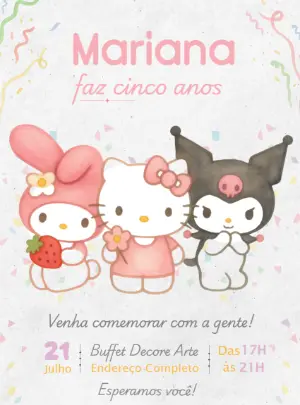 Convite Aniversário Infantil Hello Kitty Aquarela Editável