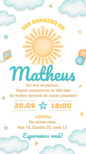 Convite Aniversário 1 Ano 365 Sorrisos do Sol Editável