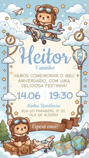 Convite de Aniversário Ursinho Aviador Fofo para Editar