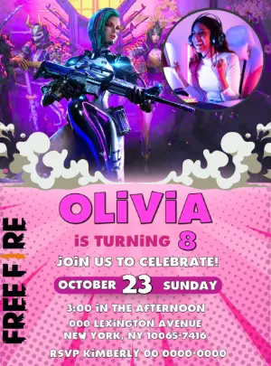 Pink Free Fire Birthday Invitation for Girls | Editable Template